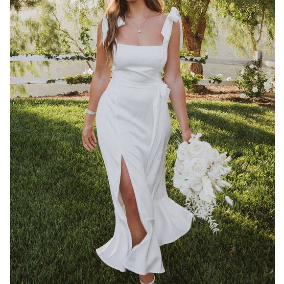 Show Me Your Mumu Tie Shoulder Wedding White Ivory Luxe Satin Garden Midi Dress - Picture 1 of 11